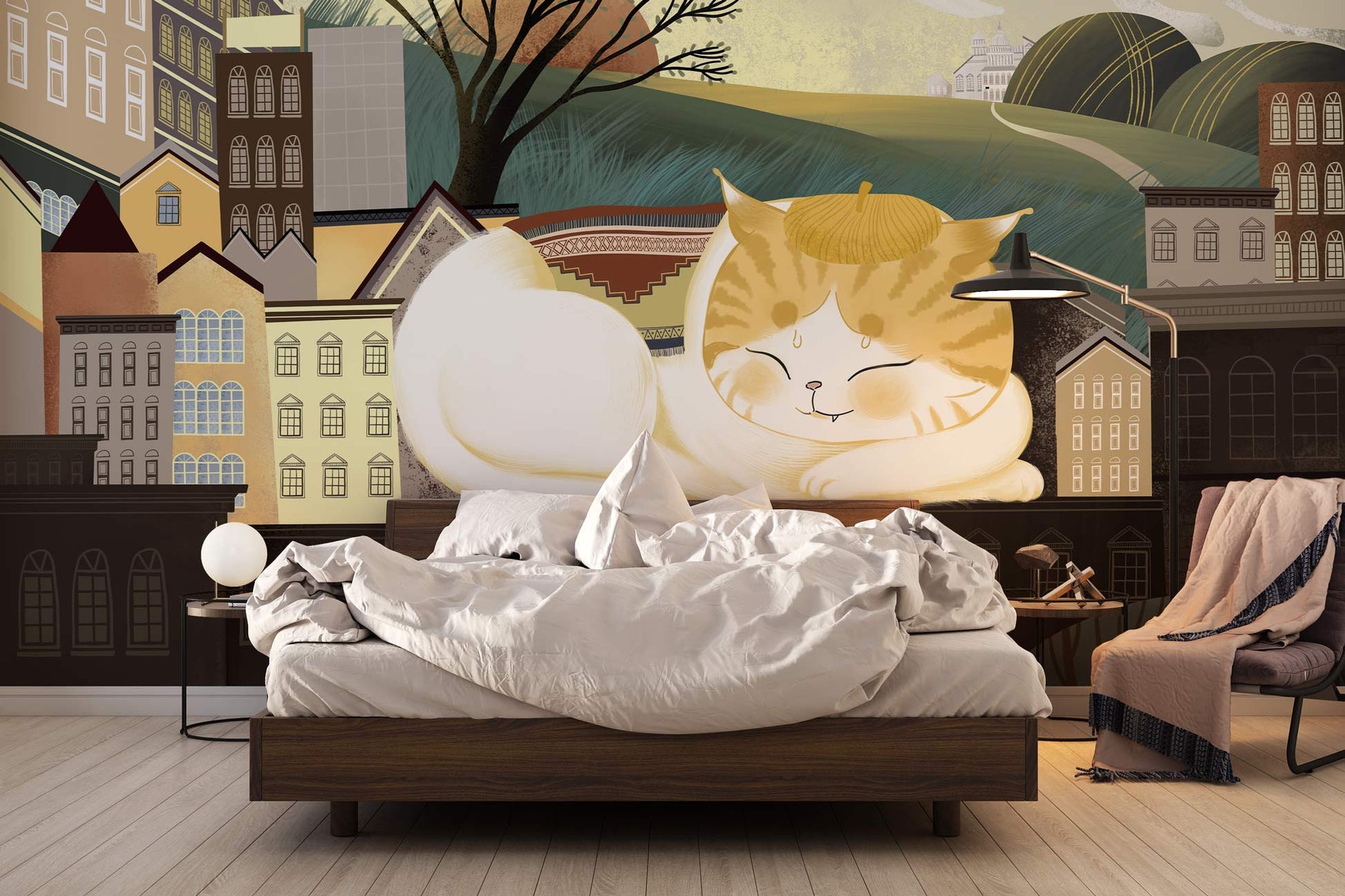 Wallpaper Mural of a Cat Sleeping on a Rooftop for Bedroom