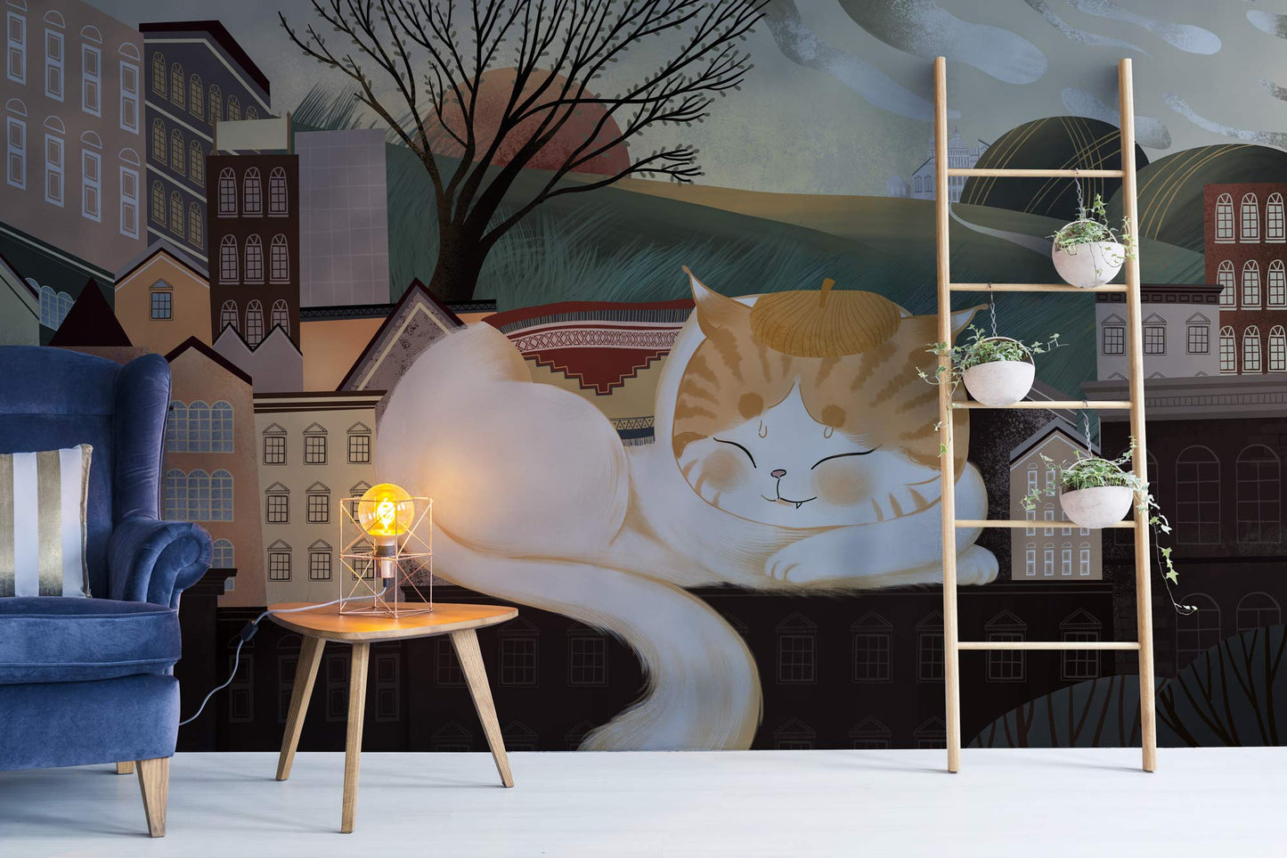 Wallpaper Mural of a Cat Sleeping on a Rooftop
