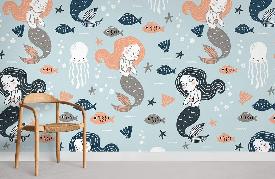 Sleeping Mermaids and Fishes Ocean Wallpaper Room Decoration Idea