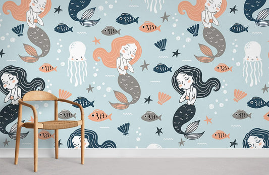 Sleeping Mermaids and Fishes Ocean Wallpaper Room Decoration Idea