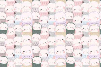Wallpaper mural for kids' rooms in pastel pink with a pattern of sleeping owl infants.