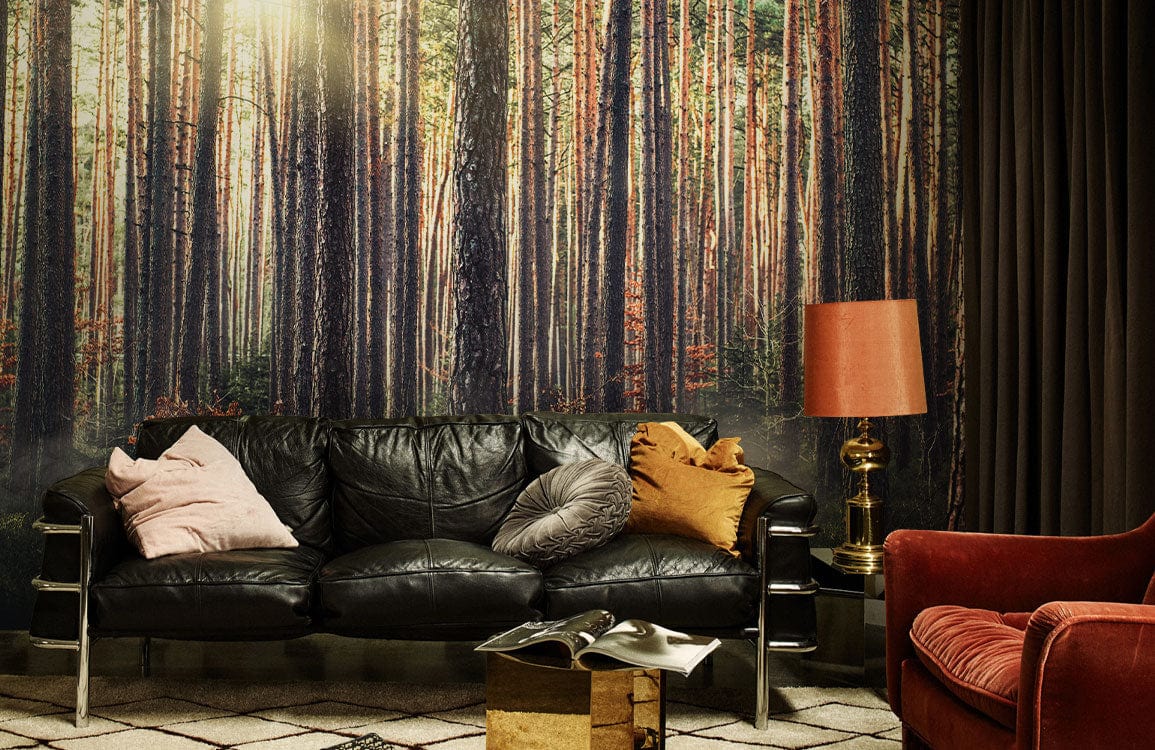 Living room brown forest mural wall design