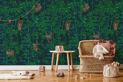 Sloth Jungle Green Kids Room Mural Wallpaper in child's room