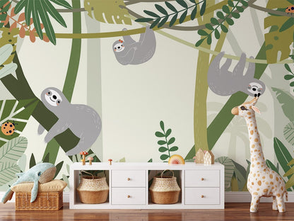 Tropical Sloth Green Leaf Mural Wallpaper in child's room