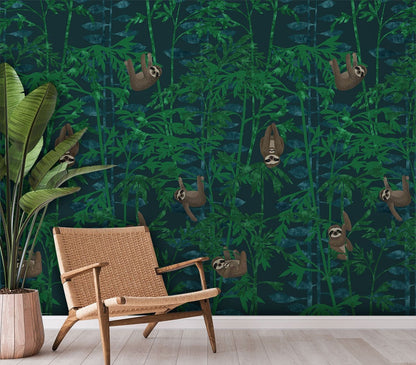 Sloth Jungle Green Kids Room Mural Wallpaper in living room