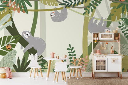 Tropical Sloth Green Leaf Mural Wallpaper in playroom