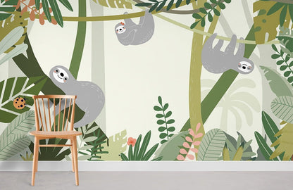 Tropical Sloth Green Leaf Mural Wallpaper in playroom