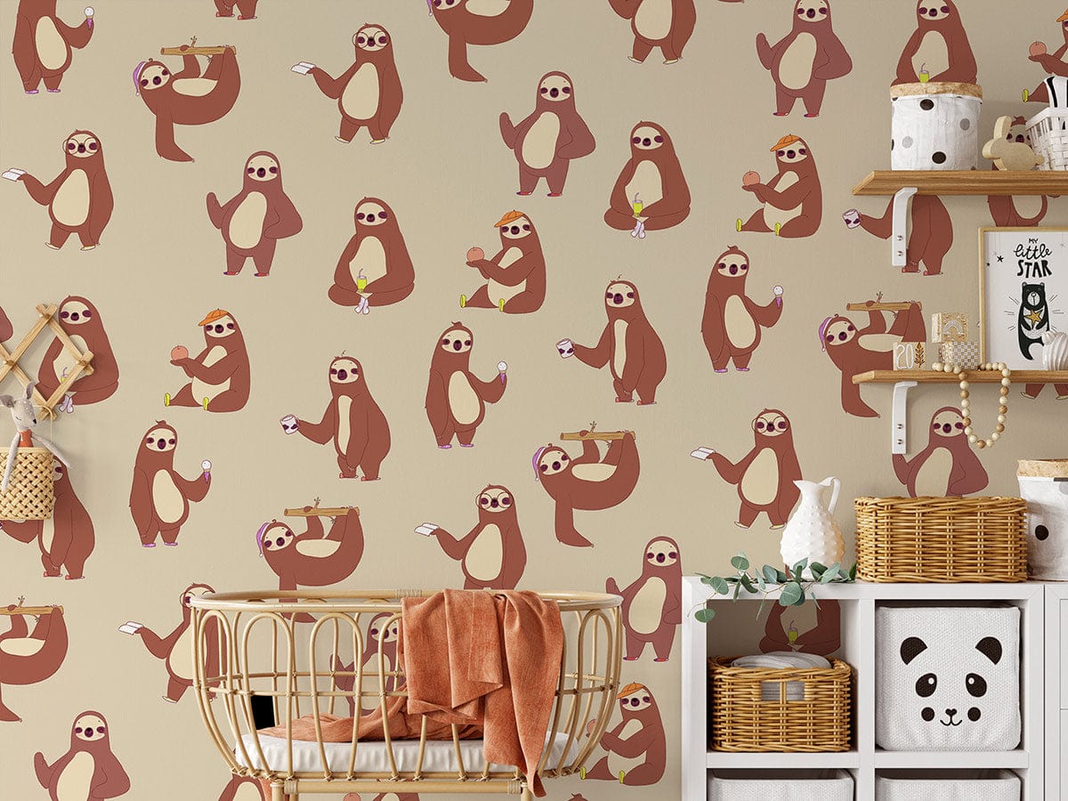 A picture of a sloth on brown wallpaper, suitable for use as nursery décor
