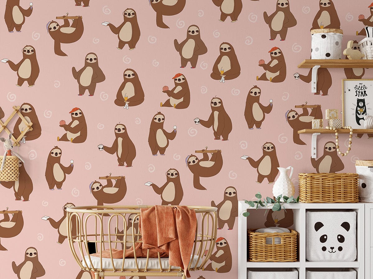 a painting of a sloth on pink wallpaper, suitable for use as nursery décor