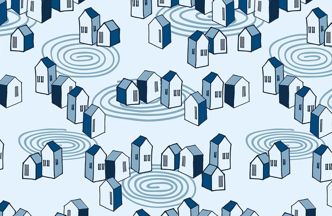 Blue Abstract Geometric Houses Mural Wallpaper