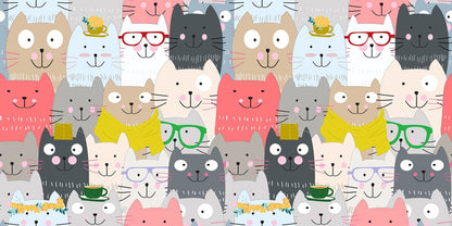 Wallpaper mural for the house with a vibrant repeat pattern of happy cats.