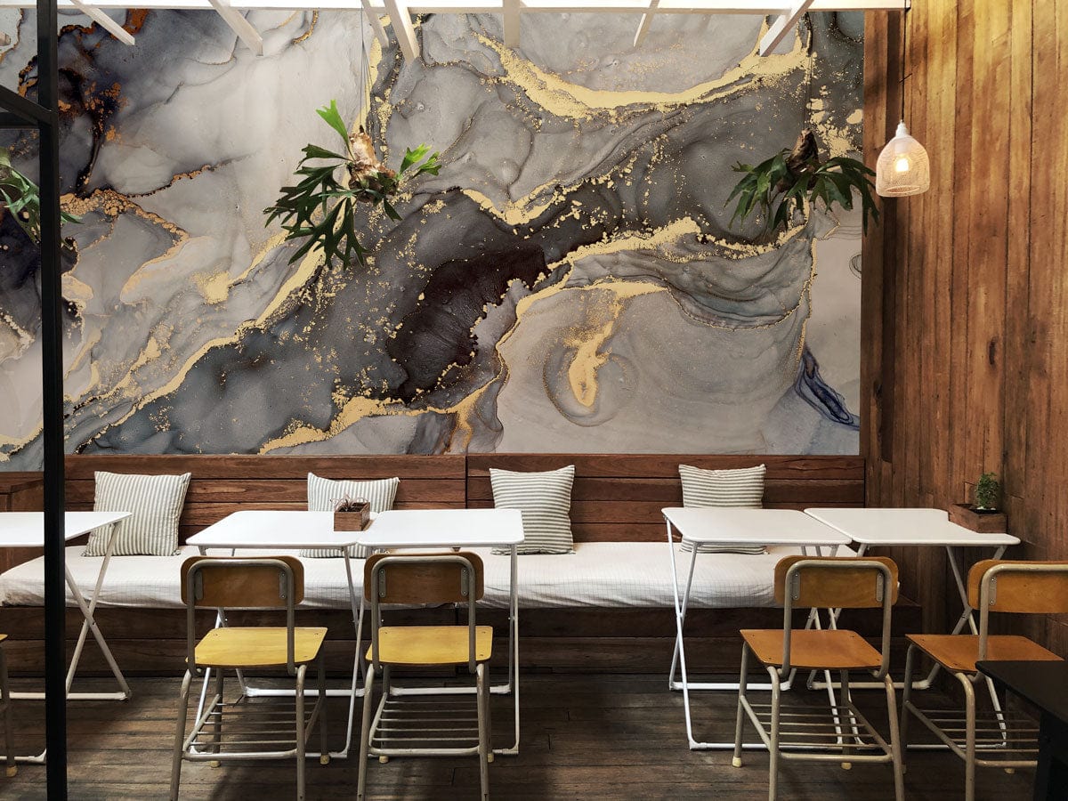 grey watercolor marble accent wall mural for restaurant design