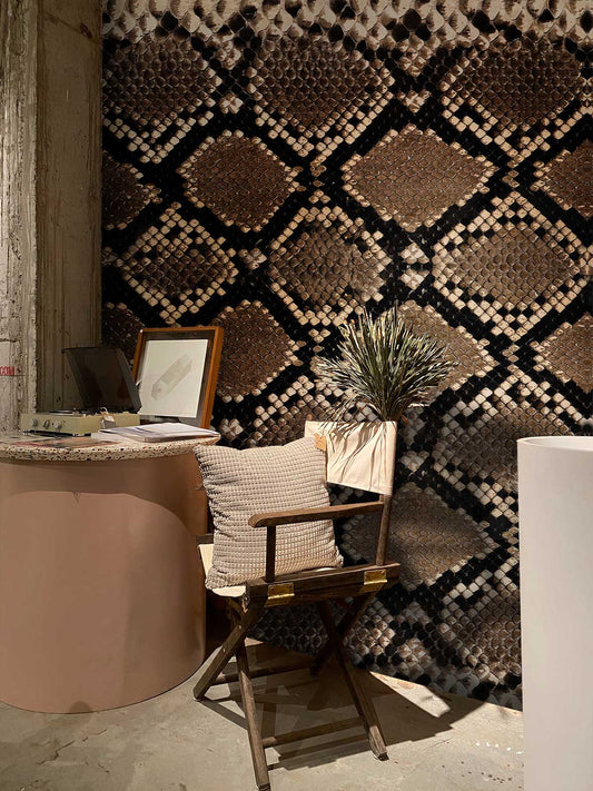 Geometric Brown Snake Skin Mural Wallpaper in living room