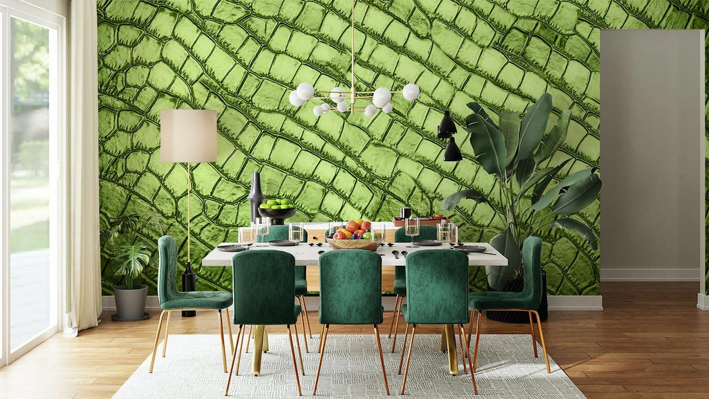 Emerald Green Crocodile Texture Mural Wallpaper in dining room