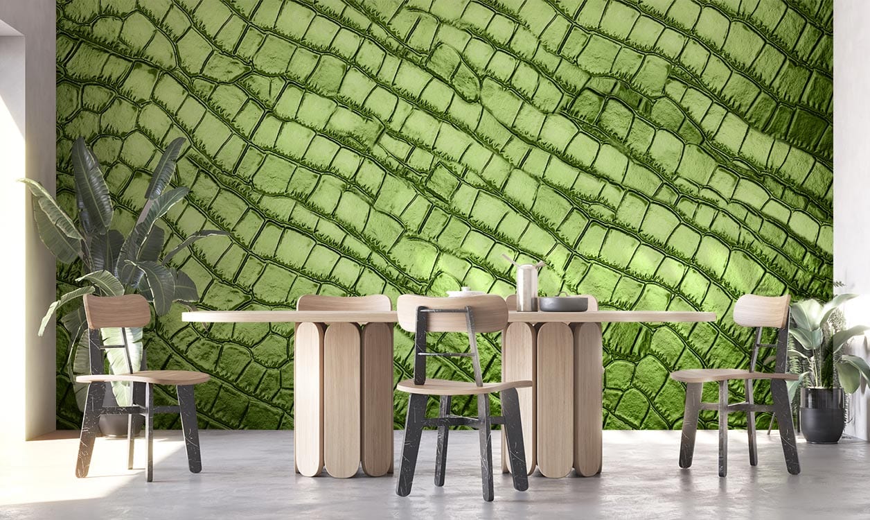 Emerald Green Crocodile Texture Mural Wallpaper in dining room