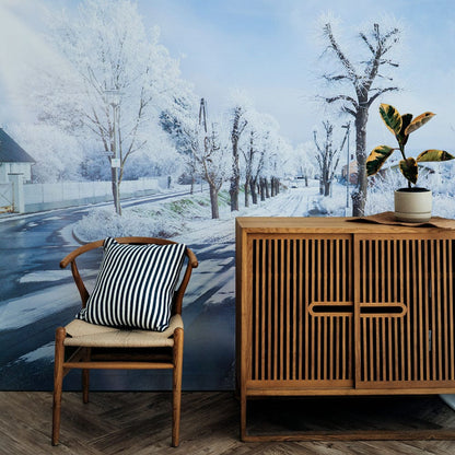 Winter snow landscape mural hallway wallpaper