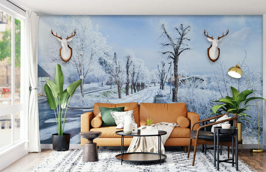 winter road living room wallpaper mural