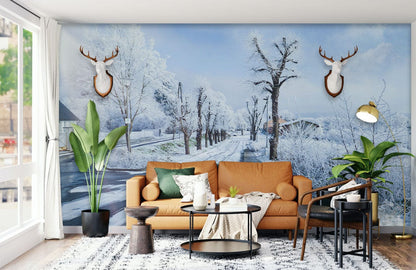 winter road living room wallpaper mural