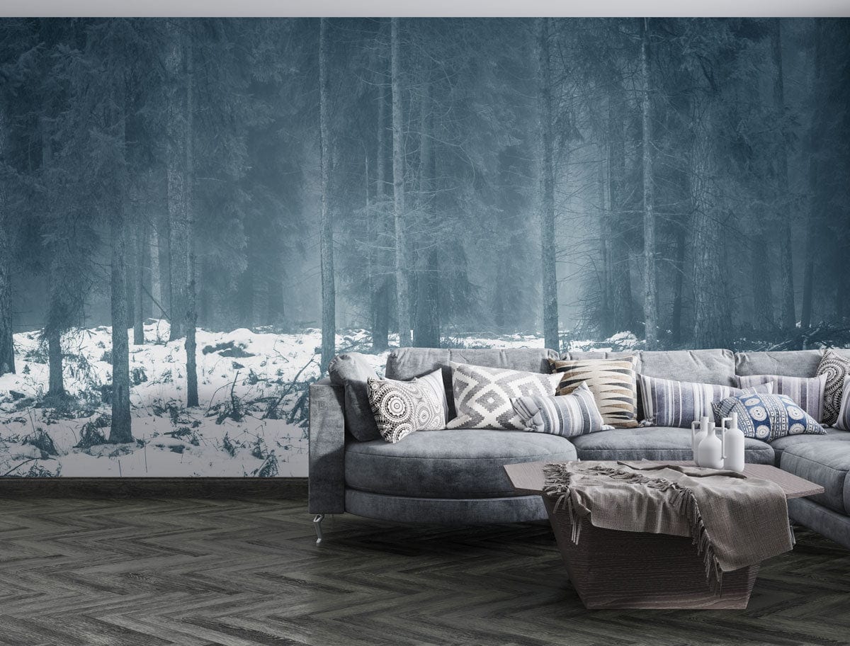 Snowy forest living room wallpaper mural