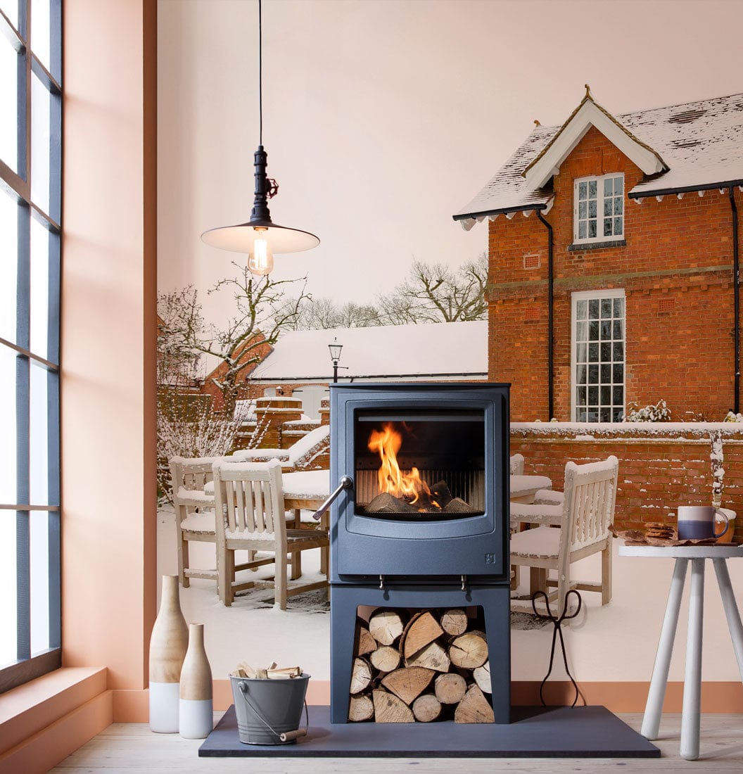 Wallpaper Mural of a Snow-Covered Red House, Ideal for Home Decoration