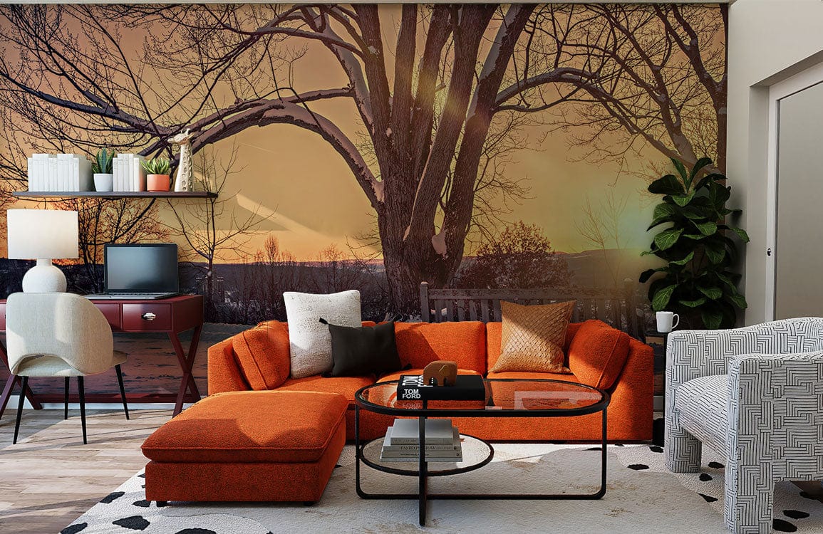 winter tree when sunset wall mural living room decor