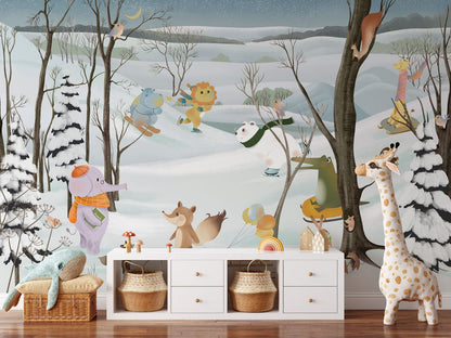 Whimsical Winter Woodland Animal Mural Wallpaper in children's room