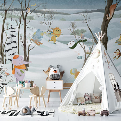 Whimsical Winter Woodland Animal Mural Wallpaper in playroom