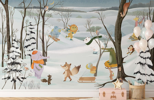 Whimsical Winter Woodland Animal Mural Wallpaper in children's room