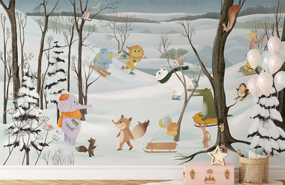 Whimsical Winter Woodland Animal Mural Wallpaper in children's room