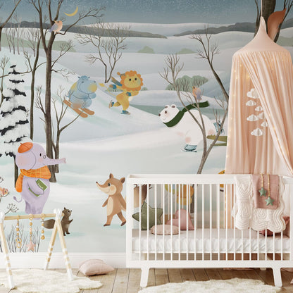 Whimsical Winter Woodland Animal Mural Wallpaper in nursery