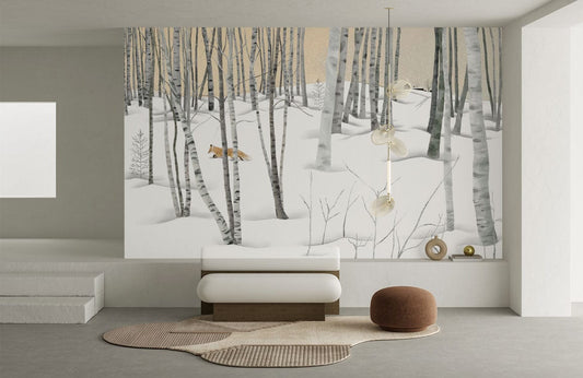 Winter Birch Forest Mural Wallpaper in living room