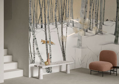 Winter Birch Forest Mural Wallpaper in living room