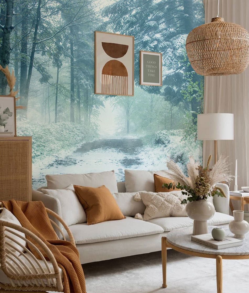 A mural of a snowy mountain road that can be used to decorate the living room