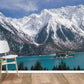 Wallpaper mural with snowy mountains and lakes for use in interior decoration