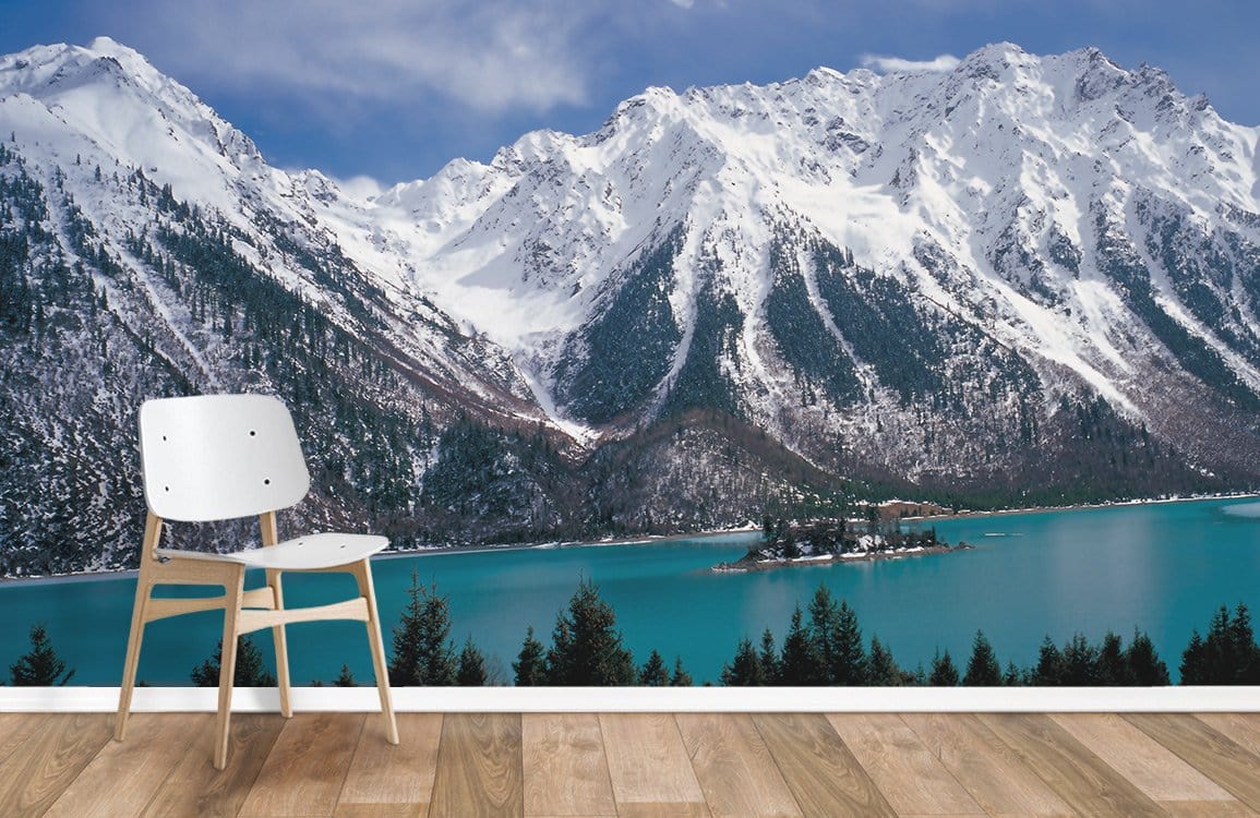 Wallpaper mural with snowy mountains and lakes for use in interior decoration