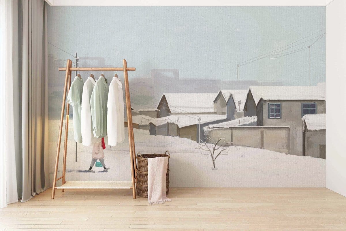 Living Room Wallpaper Mural Featuring a Snowy Village