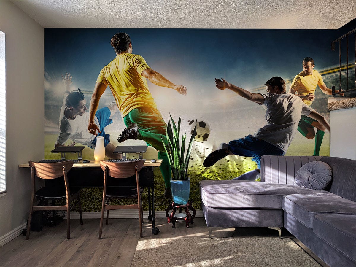 Living Room Wallpaper Mural Featuring a Soccer Scramble