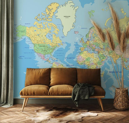 Colorful World Map Mural Wallpaper in living room