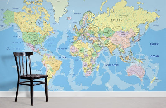 Colorful World Map Mural Wallpaper in classroom