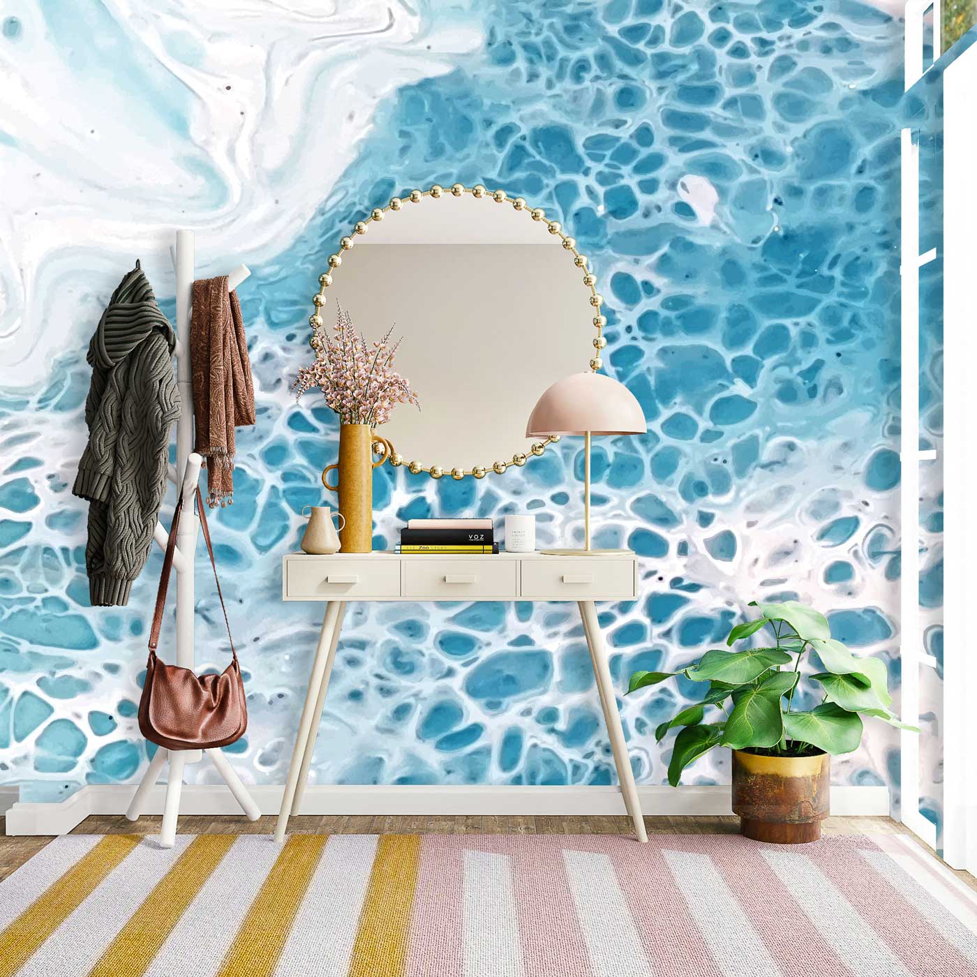 Marble Wallpaper Mural in a Bedroom with a Soft Blue Ocean Theme