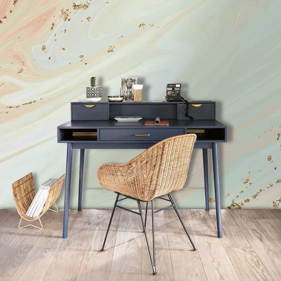 Study Room Decorated with a Soft Green Marble Wallpaper Mural