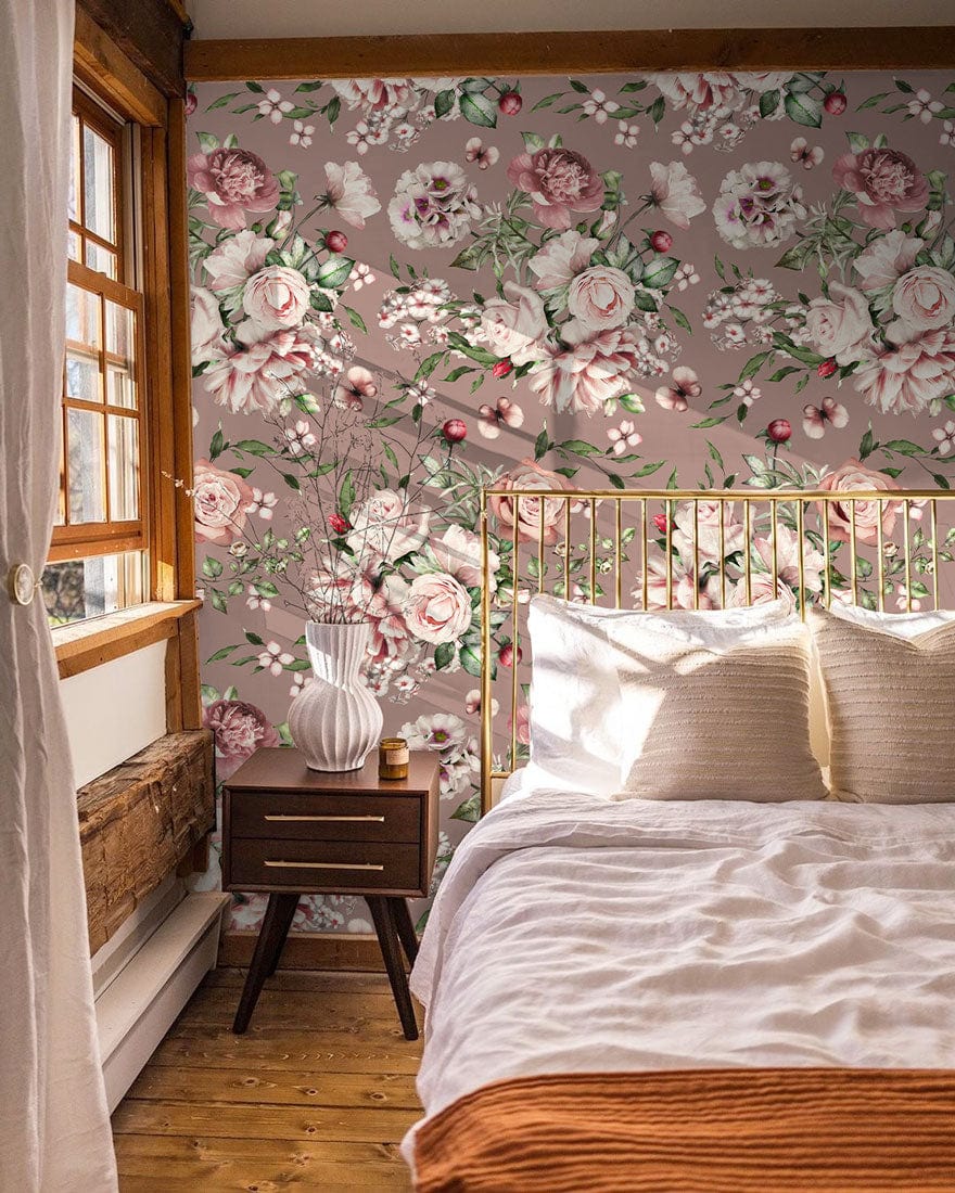 Vintage Pink Floral Bedroom Wallpaper Mural in bedroom