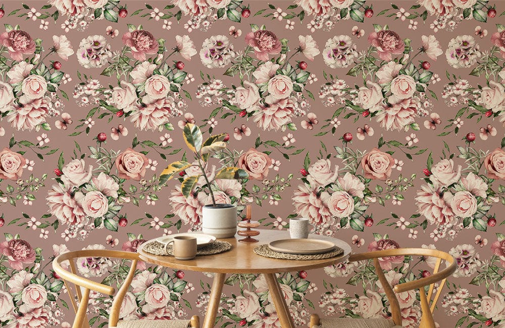 Vintage Pink Floral Bedroom Wallpaper Mural in dining room