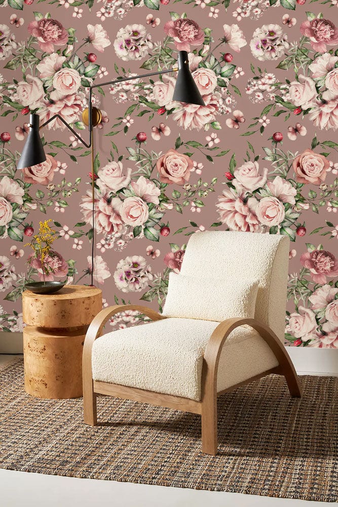 Vintage Pink Floral Bedroom Wallpaper Mural in living room