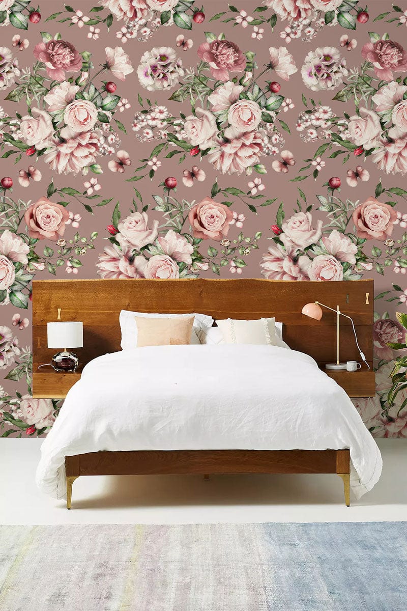 Vintage Pink Floral Bedroom Wallpaper Mural in bedroom