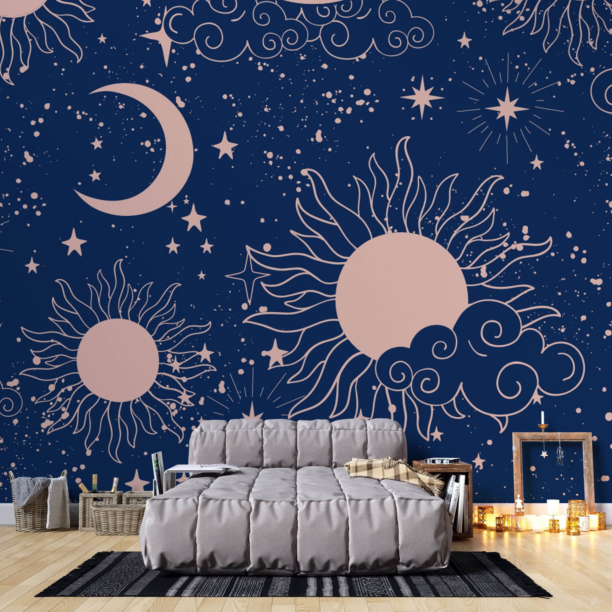 Mural depicting the solar system painted on wallpaper for use in children's bedrooms