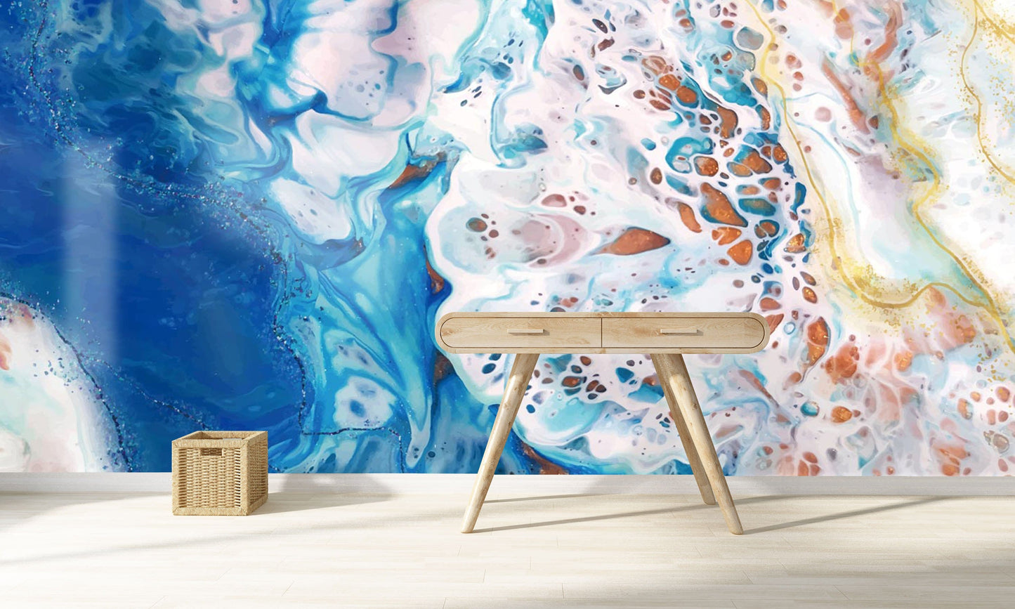 Wallpaper mural with a blue ocean scene for use in decorating the living room