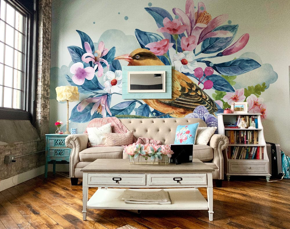 wonderful bird and flower wall painting for the living room