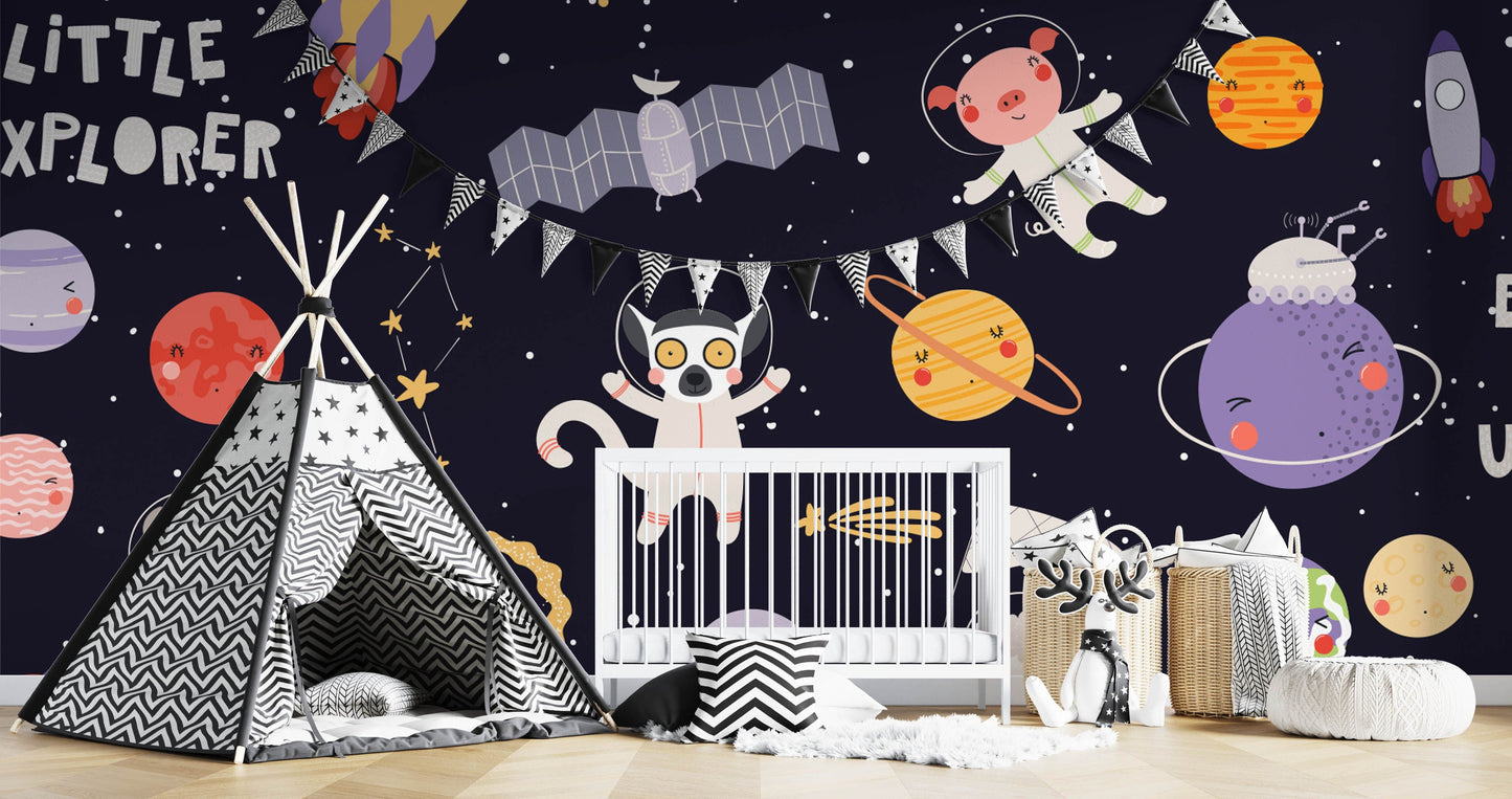 children's room decoration using wallpaper depicting scenes from outer space with cartoon characters