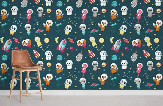 Whimsical Space Adventure Kids Wallpaper in children's room